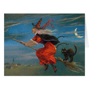 Hexe mit schwarzer Katze zu Halloween