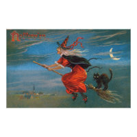 Hexe mit schwarzer Katze zu Halloween