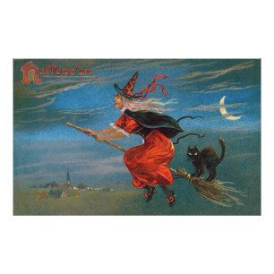 Hexe mit schwarzer Katze zu Halloween Fotodruck