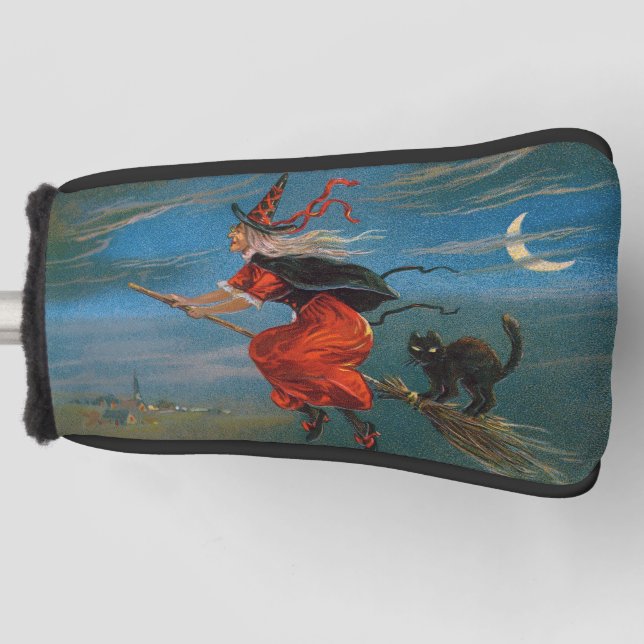 Hexe mit schwarzer Katze zu Halloween Golf Headcover (Vorderseite)