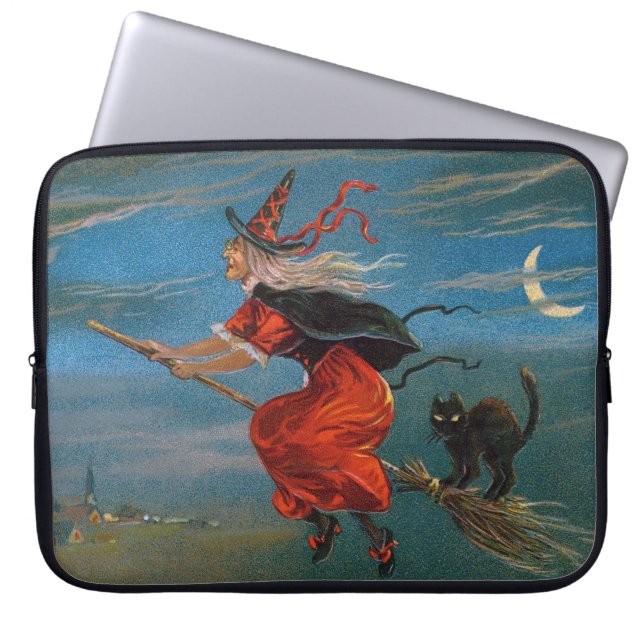 Hexe mit schwarzer Katze zu Halloween Laptopschutzhülle (Vorderseite)