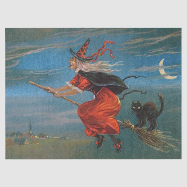 Hexe mit schwarzer Katze zu Halloween Seidenpapier (Vorderseite)
