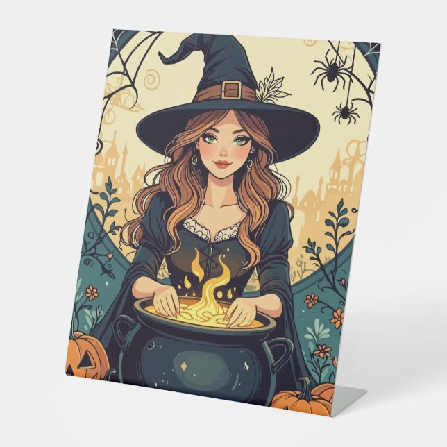Hexe mit Spinnen bezaubernd Sockelschild (Vorderseite)