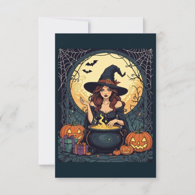 Hexe mit Spinnen und Jack verzaubern Einladung (Vorderseite)