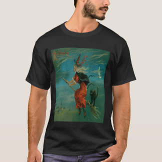 Hexe reitet auf einem Besen mit einer schwarzen Ka T-Shirt
