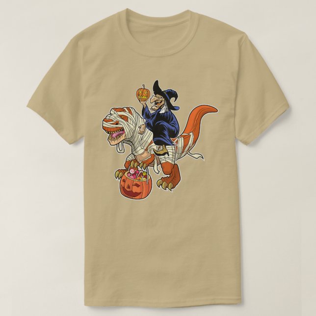 Hexe Riding Mummy Dinosaur T rex Halloween Funny T-Shirt (Design vorne)