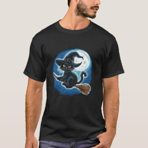 Hexe schwarze Katze auf einem Broomstick mit Vollm T-Shirt