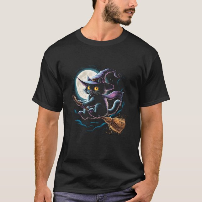 Hexe schwarze Katze auf einem Broomstick mit Vollm T-Shirt (Vorderseite)