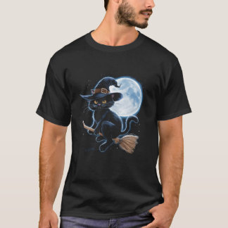 Hexe schwarze Katze auf einem Broomstick mit Vollm T-Shirt