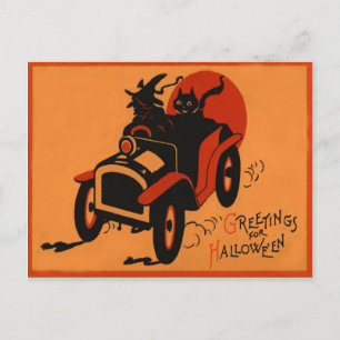 Hexe schwarze Katze Auto Vollmond Postkarte
