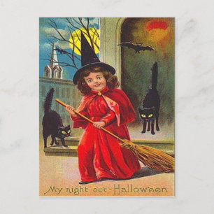 Hexe schwarze Katze Fledermaus Vollmond Postkarte