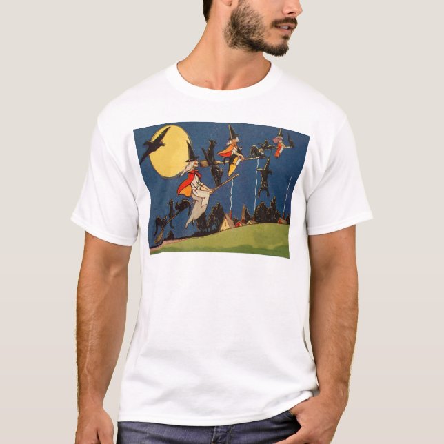 Hexe Schwarze Katze Fliegender Mond Crow T-Shirt (Vorderseite)