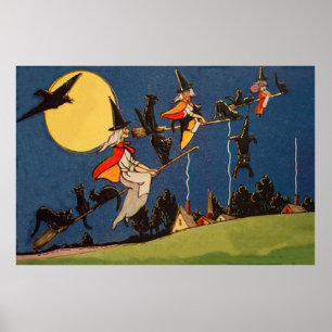 Hexe schwarze Katze fliegender Mond Rabe Poster