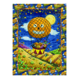 HEXE, SCHWARZE KATZE IN HEIßLUFTBALLON VOLKSKUNST  POSTER