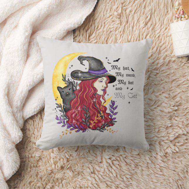 Hexe, Schwarze Katze und Halbmond Kissen (Decke)