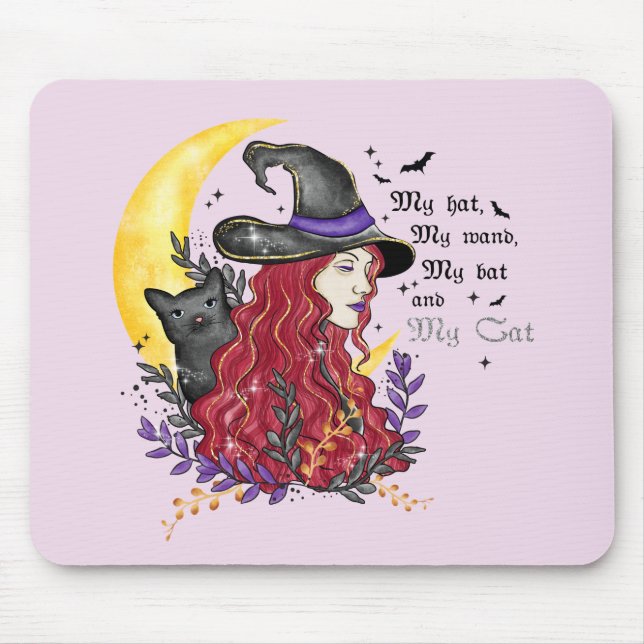 Hexe, Schwarze Katze und Halbmond Mousepad (Vorne)