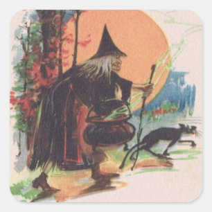 Hexe Schwarze Katze Vollmond Quadratischer Aufkleber