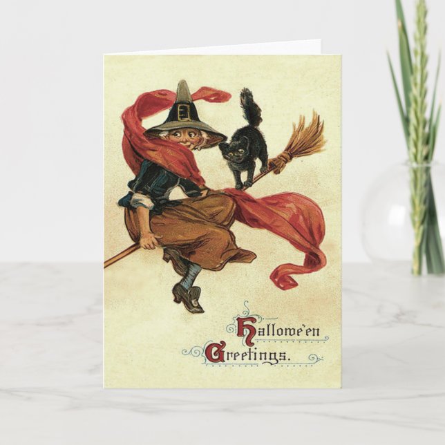 Hexe-schwarze Katzen-Besen Karte (Vorderseite)