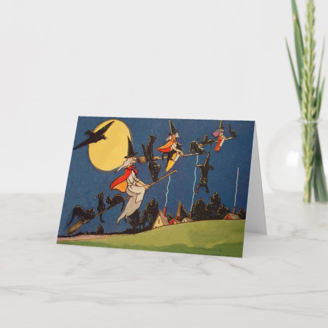 Hexe-schwarze Katzen-Fliegen-Mond-Krähe Karte (Vorderseite)