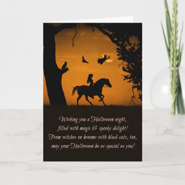 Hexe Schwarzkatzhorse Owl Raven Happy Halloween Karte (Vorderseite)