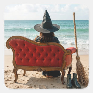 Hexe sitzt auf einem Strandsofa Quadratischer Aufkleber