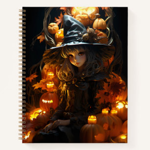 Hexe sitzt auf ihrem Jack-O-Lantern-Thron Notizbuch