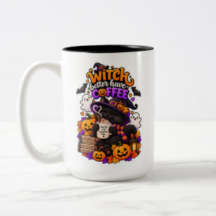 Hexe sollte besser Kaffee haben Süße Halloween-Kat Zweifarbige Tasse