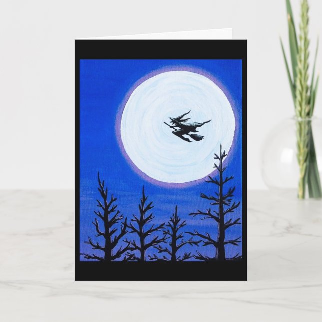 Hexe über der Mond-Halloween-Gruß-Karte Karte (Vorderseite)