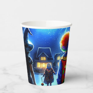 Hexe und Clown, die ein Monster Halloween anschaue Pappbecher