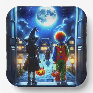 Hexe und Clown, die ein Monster Halloween anschaue Pappteller