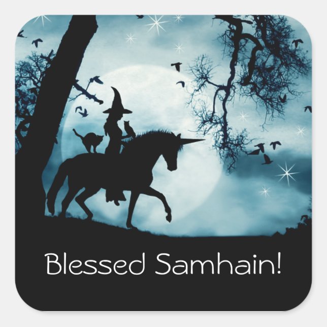 Hexe und Einhorn mit gesegnet Samhain Quadratischer Aufkleber (Vorderseite)