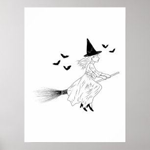 Hexe und Fledermäuse Einfache Linienkunst Minimale Poster