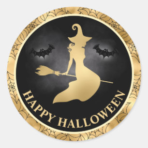 Hexe und Fledermäuse Gold & Schwarz Frohes Hallowe Runder Aufkleber