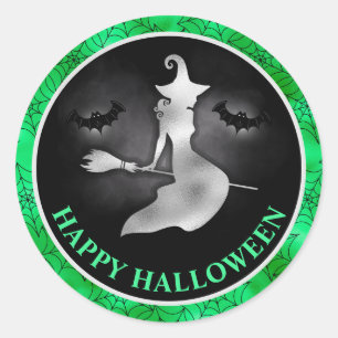 Hexe und Fledermäuse Grün & Schwarz Frohes Hallowe Runder Aufkleber