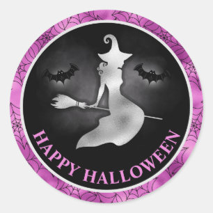 Hexe und Fledermäuse Lila & Schwarz Frohes Hallowe Runder Aufkleber