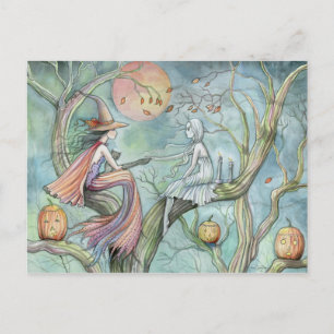 Hexe und Geist Halloween Postkarte