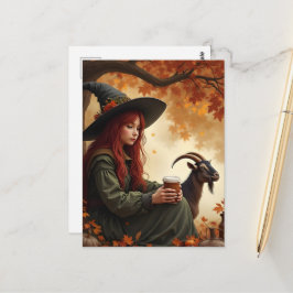 Hexe und Haustierziege im Herbst Postkarte