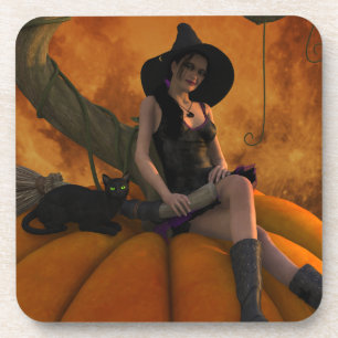 Hexe und Katze auf Giant Pumpkin Getränkeuntersetzer