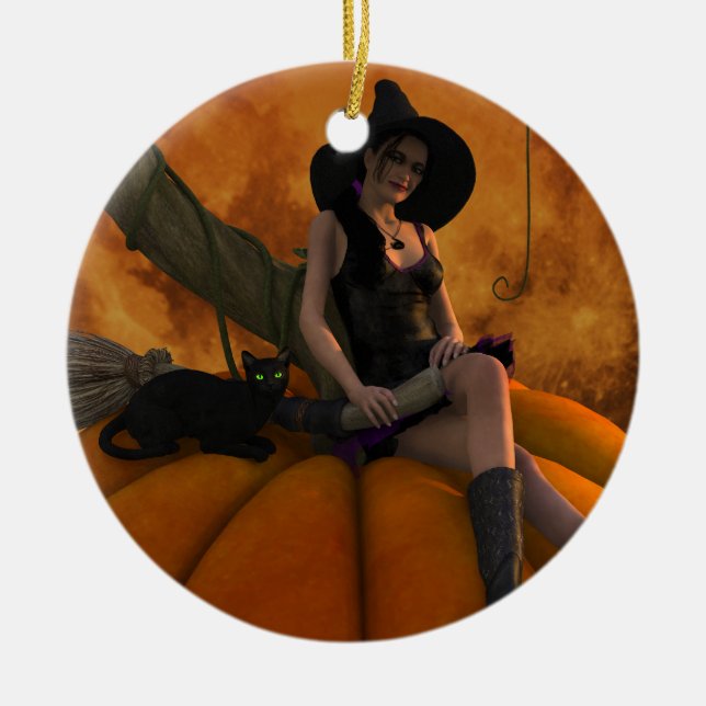Hexe und Katze auf Giant Pumpkin Keramikornament (Vorne)