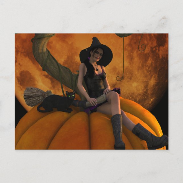 Hexe und Katze auf Giant Pumpkin Postkarte (Vorderseite)
