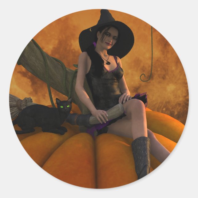 Hexe und Katze auf Giant Pumpkin Runder Aufkleber (Vorderseite)