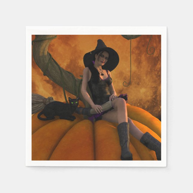 Hexe und Katze auf Giant Pumpkin Serviette (Vorderseite)