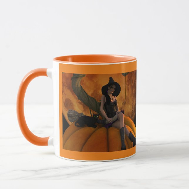 Hexe und Katze auf Giant Pumpkin Tasse (Links)