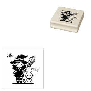 Hexe und Katze Briefmarke - Passen Sie Ihre Namen Gummistempel