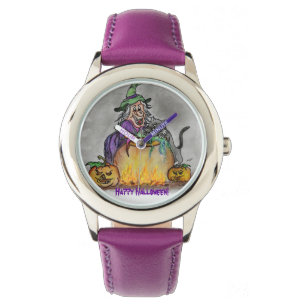 Hexe und Katze, glückliches Halloween! Armbanduhr
