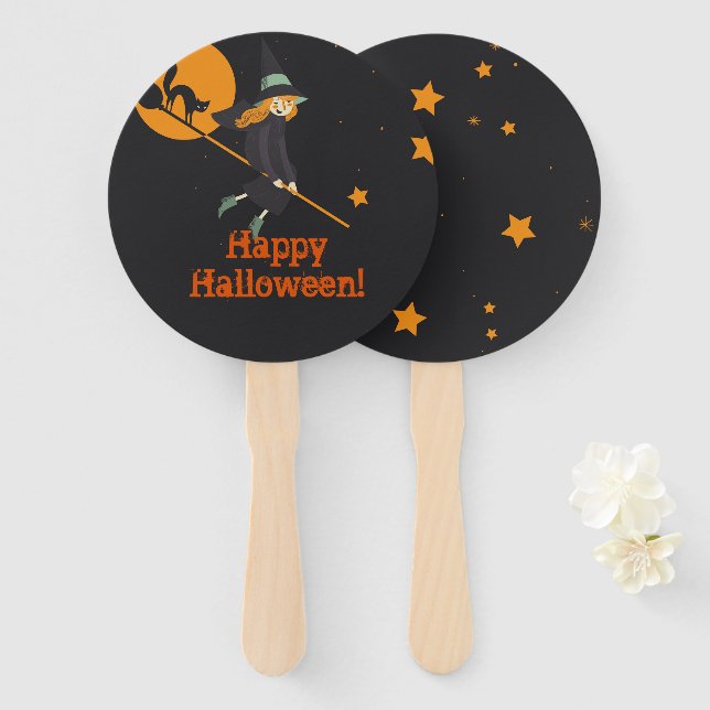 Hexe und Katze Halloween Fächer (Vorne und Hinten)