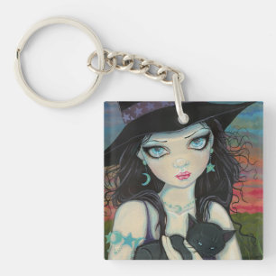 Hexe und Katze Halloween Fantasy Kunst Peekaboo Schlüsselanhänger