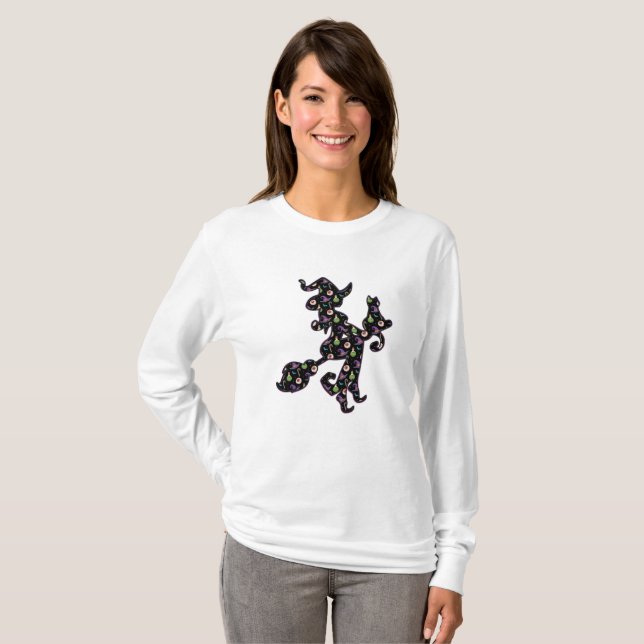 Hexe und Katze, Halloween-Stimmung T-Shirt (Vorne ganz)