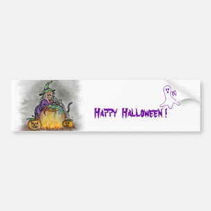 Hexe und Katze, Happy Halloween! Autoaufkleber