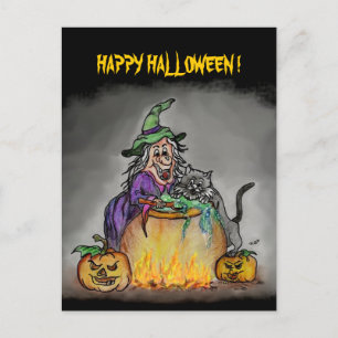 Hexe und Katze, Happy Halloween! Postkarte